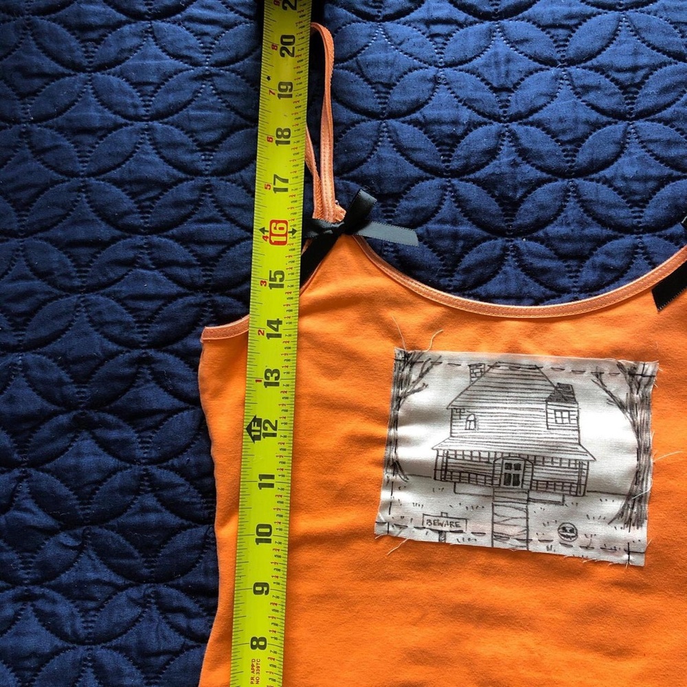 Upcycled Orange Halloween monster house patch camisole tank top with bows - Picture 6 of 7